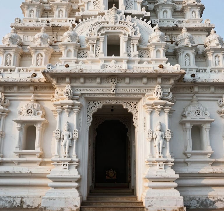 A detailed architectural photograph of an ancient South Asian / Indian temple entrance. The Cloud White stone displays intricate carvings, highlighted by the soft morning sun. The composition is clean and professional.