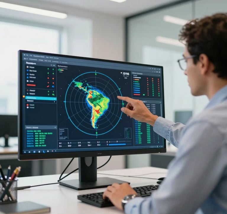 A South American Brazilian safety consultant in a bright, modern office analyzing a complex radar-style health and safety heat map on a large monitor. The scene is professional and sophisticated.