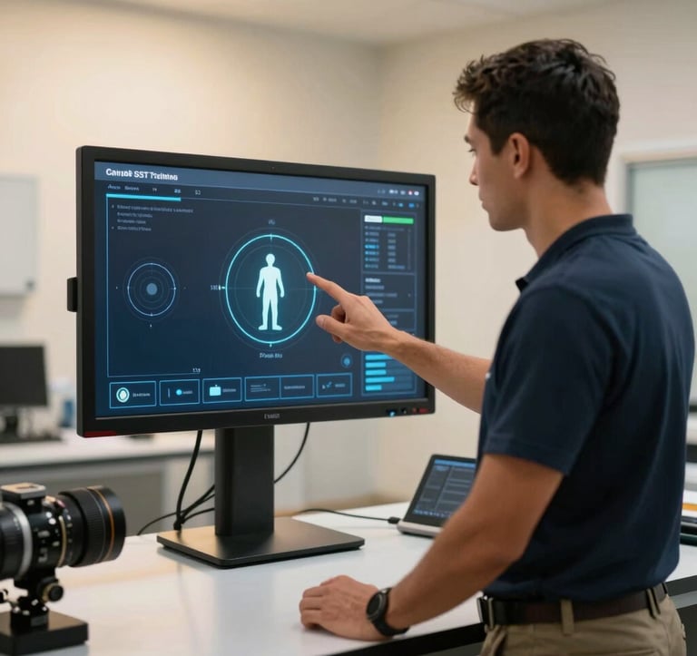 A South American safety instructor in a high-tech lab setting, demonstrating a gamified SST training interface on a sleek digital screen, with soft golden backlighting and professional ambiance.