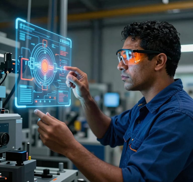 A South American worker in a high-tech Brazilian industrial plant wearing smart safety glasses, looking at a floating hologram of a machinery risk assessment. The lighting is deep blue with orange highlights.