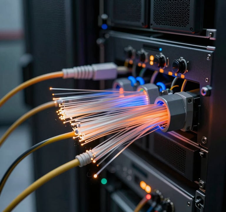 Close-up of high-speed fiber optic cables glowing with soft orange and blue light in a South American server room. The composition highlights technology, connectivity, and the flow of intelligent data.