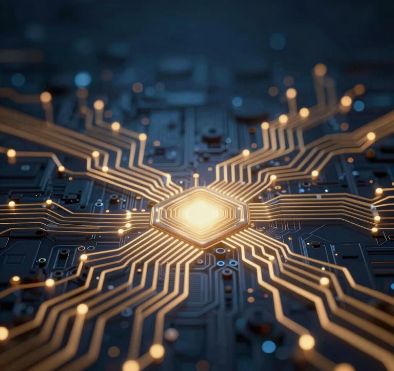 Futuristic photography of abstract digital circuits and data flows with a soft gold glow against a deep night blue background, representing advanced artificial intelligence and connectivity.