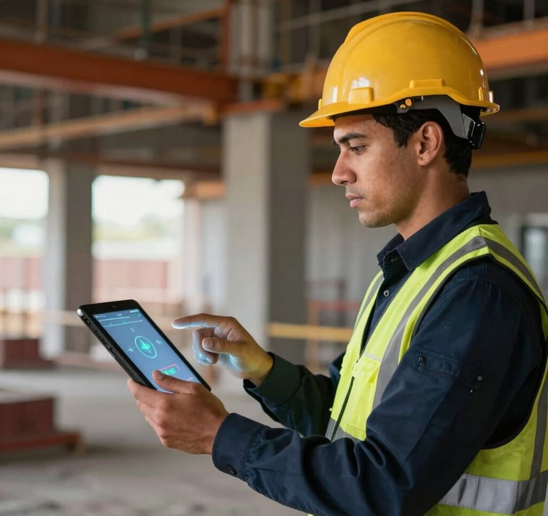 A Brazilian safety engineer in professional attire using a tablet to interact with an augmented reality safety simulation on a modern construction site. High contrast lighting with orange highlights.