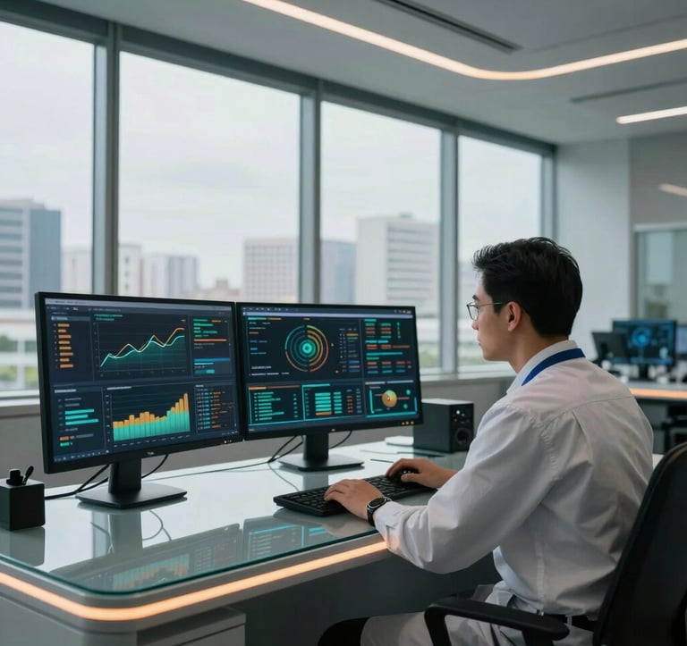 A clean, futuristic operations center in Brazil with a large panoramic window overlooking a city. A focused engineer is reviewing complex data visualizations on a glass-panel desk, with subtle gold and orange lighting accents.