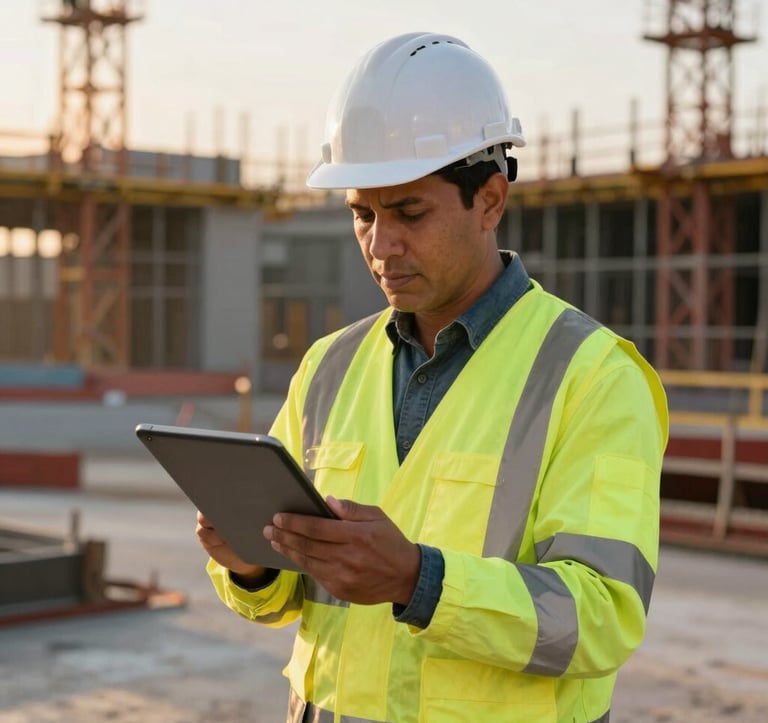 A South American safety professional in high-visibility gear and a white hard hat using a digital tablet on a modern construction site. The background shows blurred structural elements and warm sunlight at dusk.
