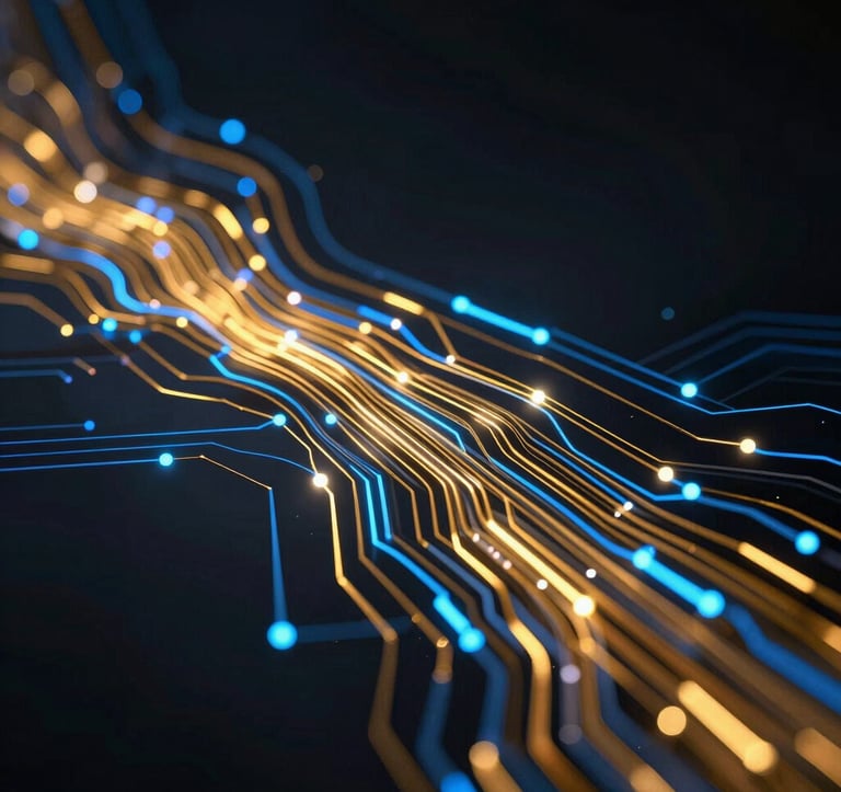 An abstract photography of golden data streams and blue light circuits flowing through a dark background, representing advanced Brazilian software engineering and AI processing.