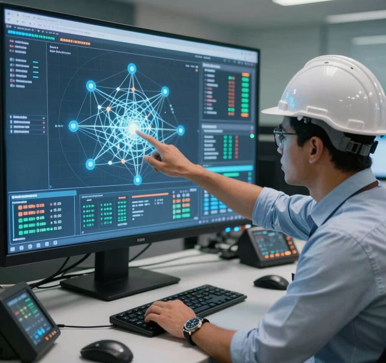 A high-angle shot of a South American / Brazilian professional engineer in a modern control center, pointing at a glowing digital interface showing real-time connectivity nodes and safety data.
