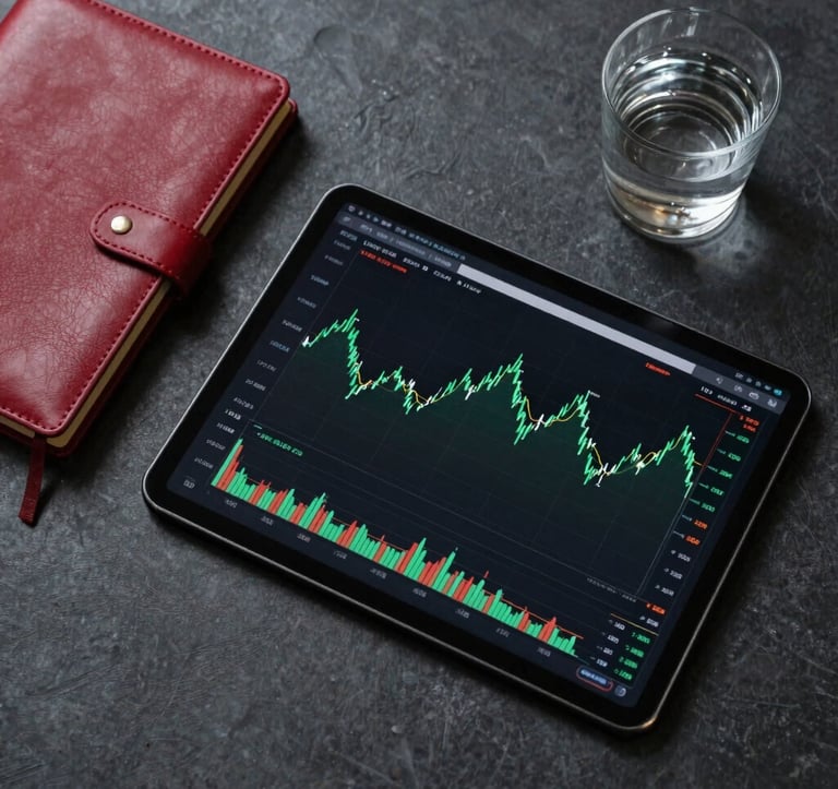 A top-down view of a sophisticated dark charcoal workspace. A tablet displays financial charts with forest green lines, sitting next to a crimson red leather notebook and a glass of water. The lighting is crisp and modern.