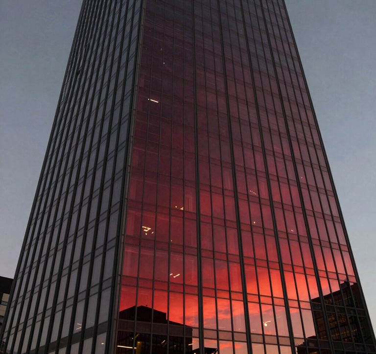 A low-angle architectural shot of a glass skyscraper reflecting a sunset with deep crimson red and dark slate grey tones. The image conveys strength, stability, and modern expertise.