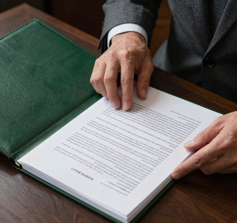 A close-up photograph of a professional lawyer in a charcoal grey suit, reviewing complex legal documents on a dark desk. A forest green leather folder is visible in the corner. Professional lighting emphasizes the texture of the paper and the focus of the task.