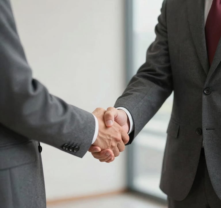 An elegant photograph of a professional handshake between two individuals in business attire. One person wears a subtle crimson red tie. The background is a soft-focus office interior with charcoal grey and soft off-white tones.
