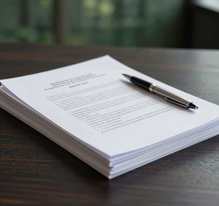 A clean, professional photograph of a stack of legal financial documents and a silver fountain pen resting on a dark charcoal wooden table. In the background, out of focus, a forest green corporate wall is visible. Soft natural light from the side creates a trustworthy and calm mood.