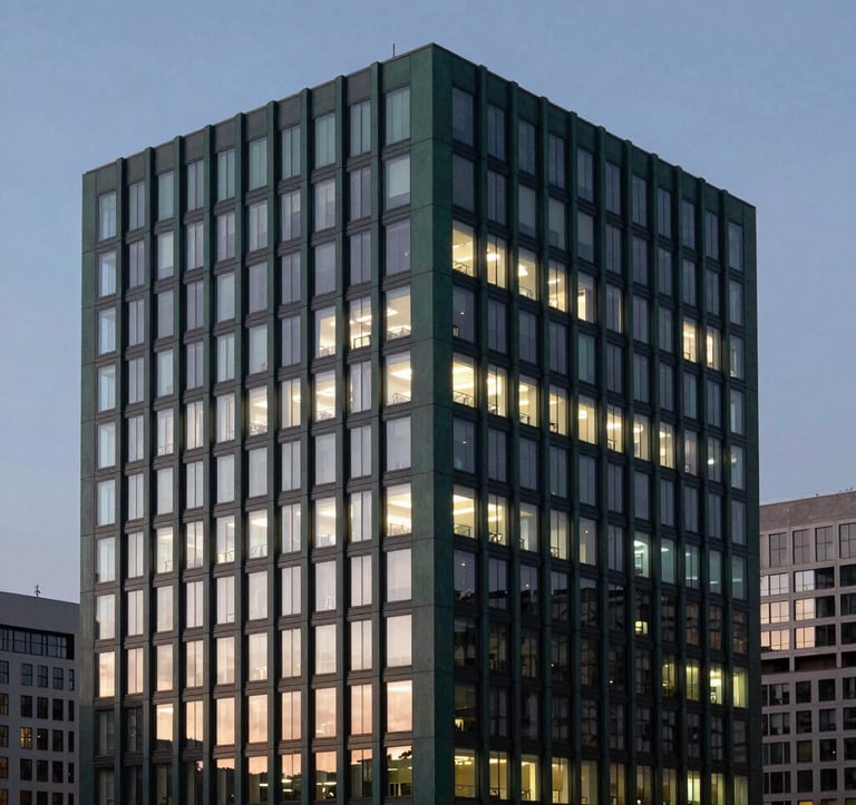 A professional architectural photograph of a modern financial district building at dusk. The building reflects deep forest green and charcoal grey tones, with soft off-white lights glowing from the windows, symbolizing stability.