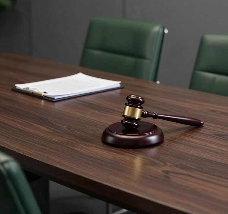 A photograph of a high-end corporate boardroom table made of dark wood. On the table sits a legal gavel and a stack of bound documents. The chairs are upholstered in forest green leather, set against a charcoal grey wall.