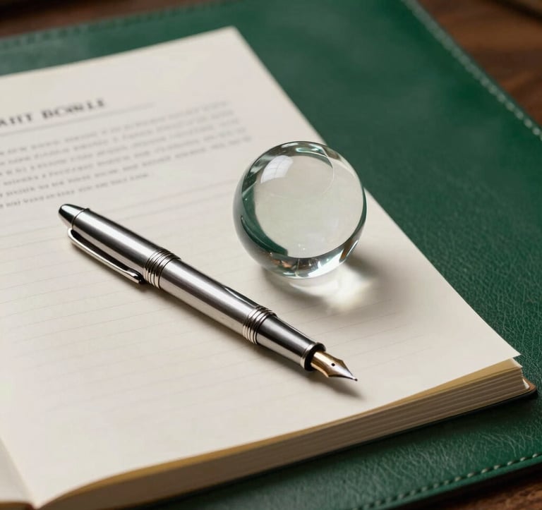 An elegant still life of a silver fountain pen and a high-end glass paperweight on a stack of legal documents. The paper is soft off-white. A forest green leather desk pad provides a rich background.