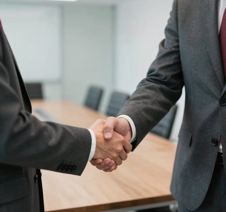 Close-up photography of two professionals in dark slate grey suits shaking hands in a bright, modern boardroom. A hint of crimson red is visible in a tie. The atmosphere is professional and trustworthy.