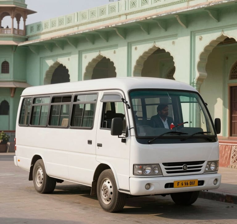 A clean, white luxury travel coach parked in a sunlit plaza in Vrindavan, Rajasthan. A professional driver stands respectfully nearby. The building in the background features traditional arched architecture in pale green stone.