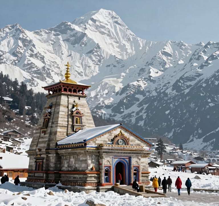 A breathtaking photography of the Kedarnath temple nestled in the snow-capped Himalayan mountains. A few South Asian / Indian pilgrims are seen in the distance, emphasizing the majestic and sacred scale of the location.