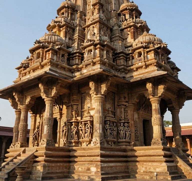 A professional architectural shot of an ancient stone temple in Rajasthan, showing intricate carvings and traditional South Asian temple design. The lighting is warm late-afternoon sun, highlighting the cultural richness and historical depth of the region.