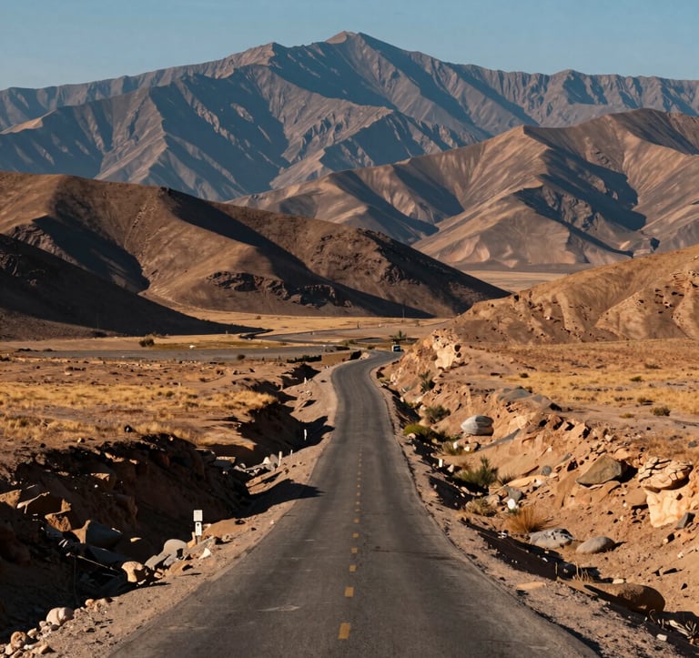 A scenic road winding through the high altitude deserts of Rajasthan, leading toward distant mountains. The colors of the earth are warm, contrasting with the dark blue shadows of the hills. South Asian / Indian travel photography.