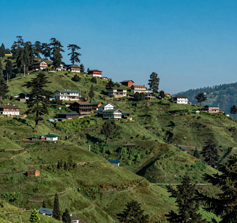 Photography of the lush, rolling green hills of Shimla under a bright blue sky. Traditional South Asian / Indian hill station architecture is visible on the slopes, surrounded by tall cedar trees and a clear, crisp atmosphere.