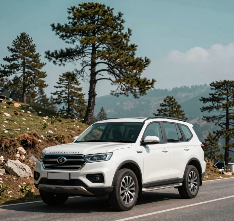 A luxury traveler vehicle parked on a scenic mountain road in Shimla, with a clean and professional appearance. The South Asian landscape features tall pine trees and a clear teal-colored sky, emphasizing trustworthy travel services.