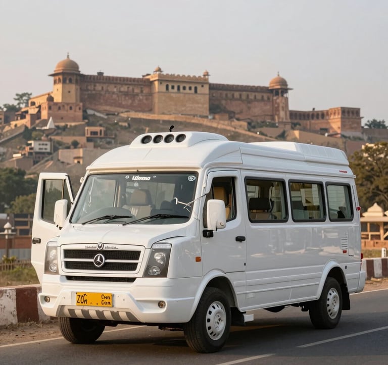 A high-end, clean white traveler van parked on a scenic road in Rajasthan with a historic fort in the distant background. The lighting is soft morning sun, highlighting the professional and trustworthy service.