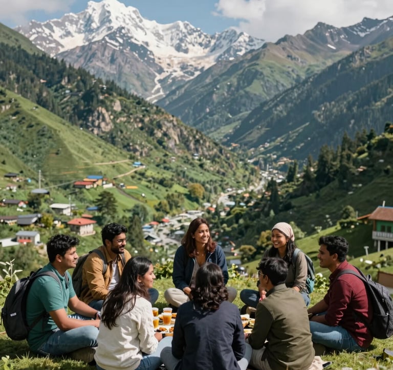 A high-quality travel photograph of a group of South Asian travelers enjoying the scenic views of the lush green valleys in Manali. The lighting is bright and natural, capturing a sense of joy and comfort during a well-organized mountain holiday.