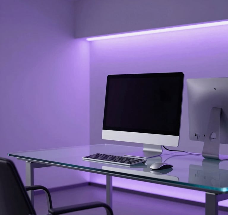 A minimalist, high-tech workspace in a North American corporate setting. The focus is on a sleek glass desk with an advanced computer setup, illuminated by soft lavender and medium purple accent lighting. Clean lines and professional composition.