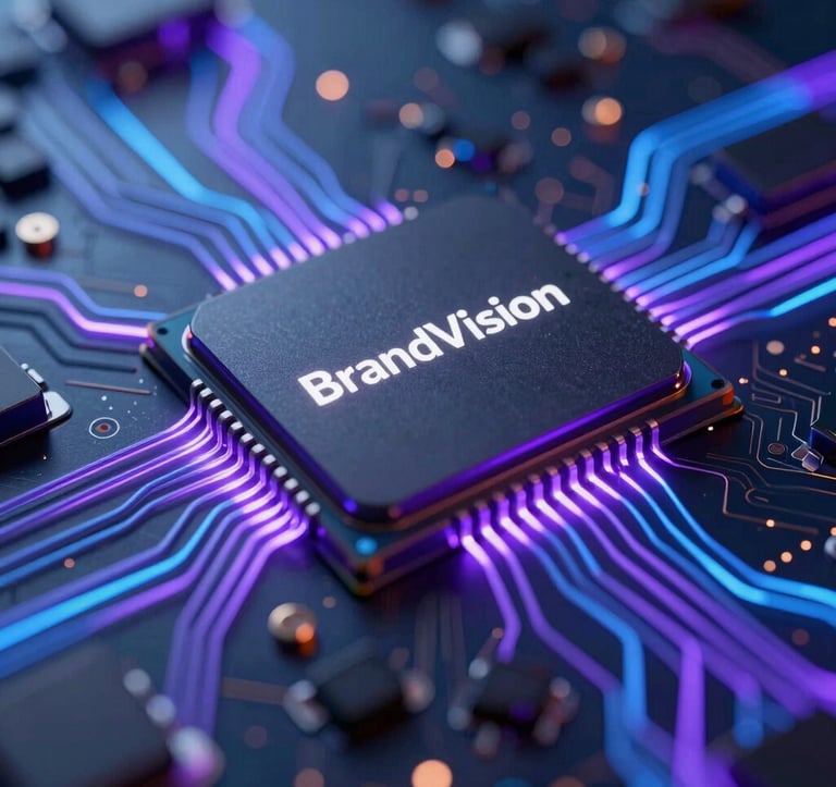 Macro photography of a high-tech processor chip with glowing violet and deep blue pathways, representing the AI core of BrandVision. Modern, powerful, and tech-focused aesthetic for a North American company.