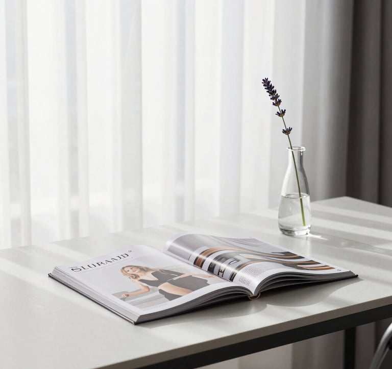 A high-end, minimalist creative studio in North American / US, featuring a sleek desk with a design magazine and a singular lavender flower in a glass vase. Bright natural light filtered through sheer curtains. The composition is clean and premium.