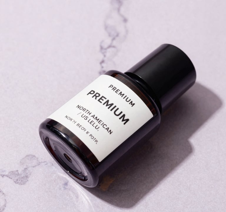 Premium photography of luxury beauty packaging on a soft lavender marble surface. The lighting is bright and clean with soft shadows, reflecting a high-end North American / US lifestyle aesthetic.
