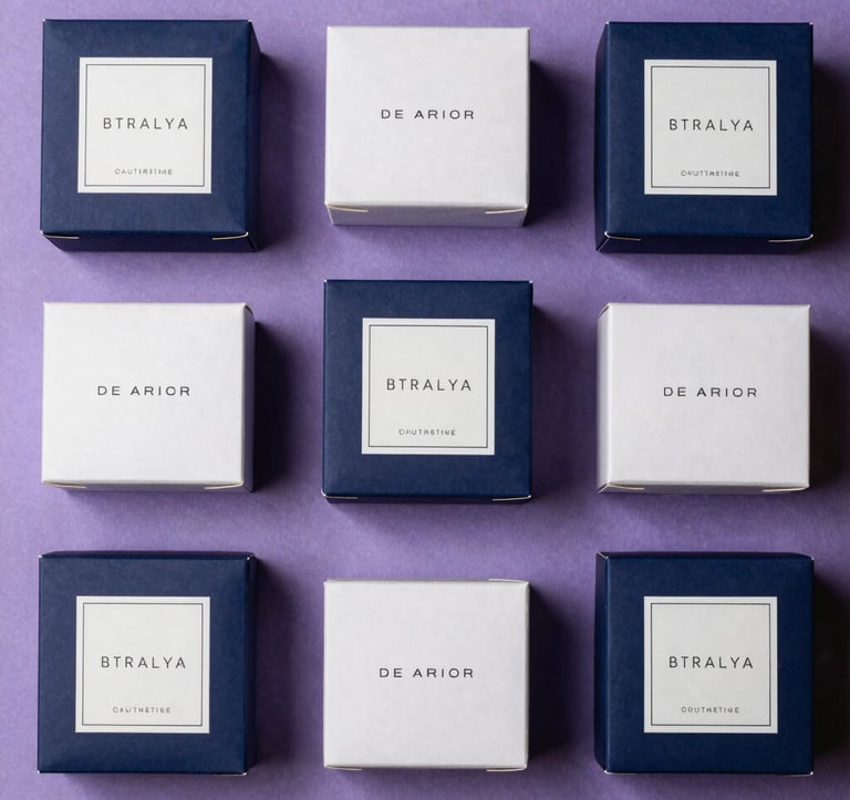 A top-down professional flat lay of high-end beauty product packaging with minimalist branding in a North American / US luxury spa setting. Soft purple and deep indigo color palette with elegant lighting.