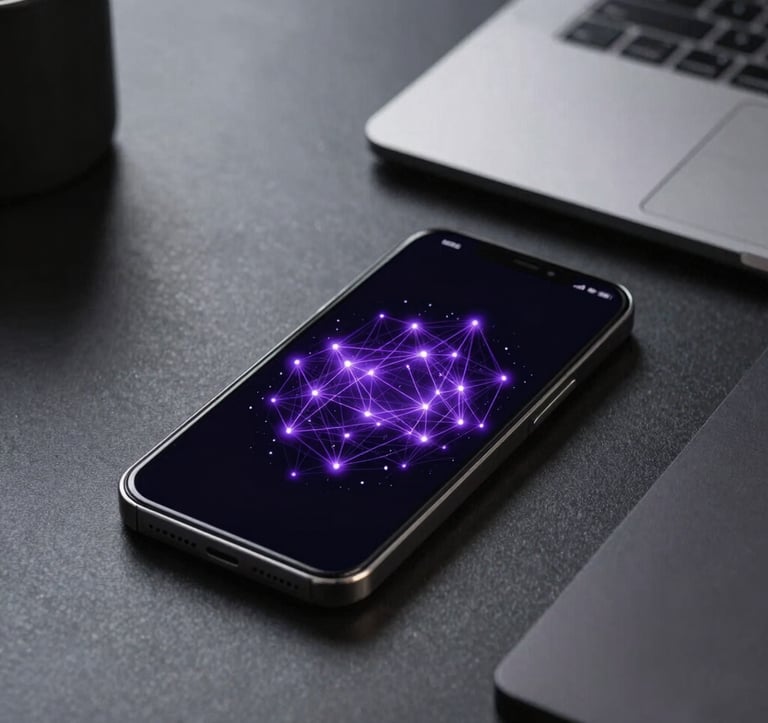 A high-end smartphone on a dark desk displaying an elegant data visualization interface with glowing purple nodes. The background is a minimalist, modern North American / US tech workspace.