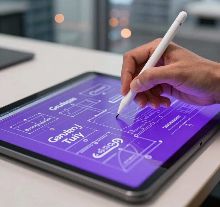 A close-up of a professional using a stylus on a glass tablet, displaying complex branding blueprints in vibrant purple and white. The setting is a modern, high-end North American / US office with blurred city lights in the background.