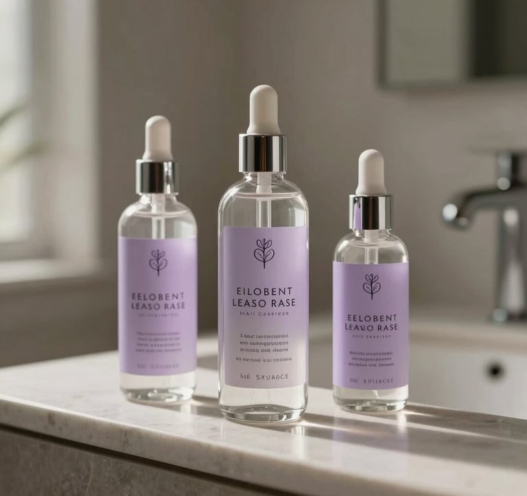 Elegant product photography of premium glass cosmetic bottles for a hair growth brand. The setting is a minimalist, high-end bathroom with soft natural morning light. The colors are muted with hints of lavender. North American / US luxury lifestyle.