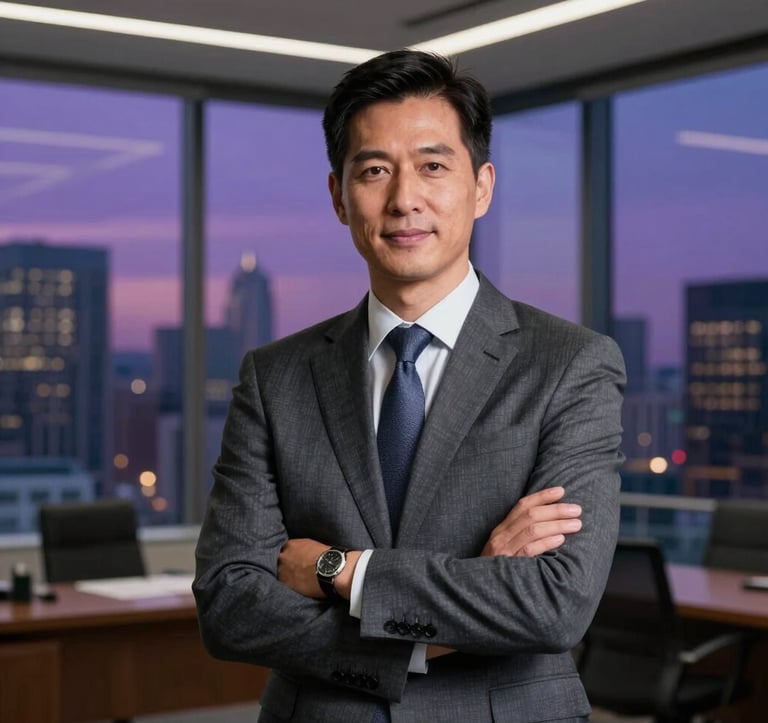 A high-end, professional portrait of a visionary business leader in a modern North American executive office. The background shows a metropolitan skyline at dusk with soft indigo and deep purple light. The aesthetic is powerful, clean, and confident.