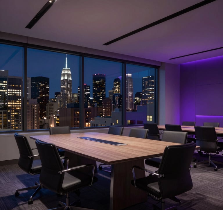 A wide-angle, low-angle shot of a sleek contemporary boardroom with a large window overlooking a North American skyline at night. Subtle deep purple accent lighting illuminates the modern furniture.