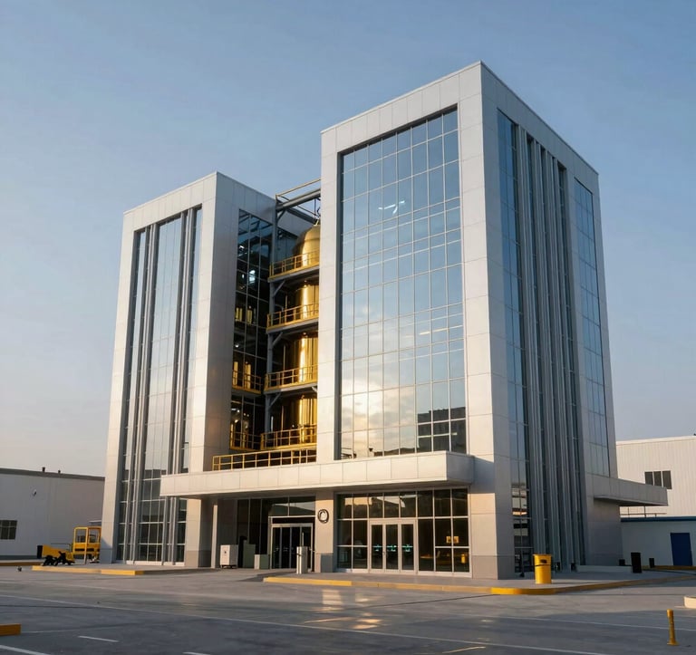 An architectural visualization of a state-of-the-art gold refinery facility in the Middle Eastern / Gulf region. The building features sleek industrial design with clean lines, glass, and steel, symbolizing forward-looking innovation and high-capacity production in the precious metals sector.
