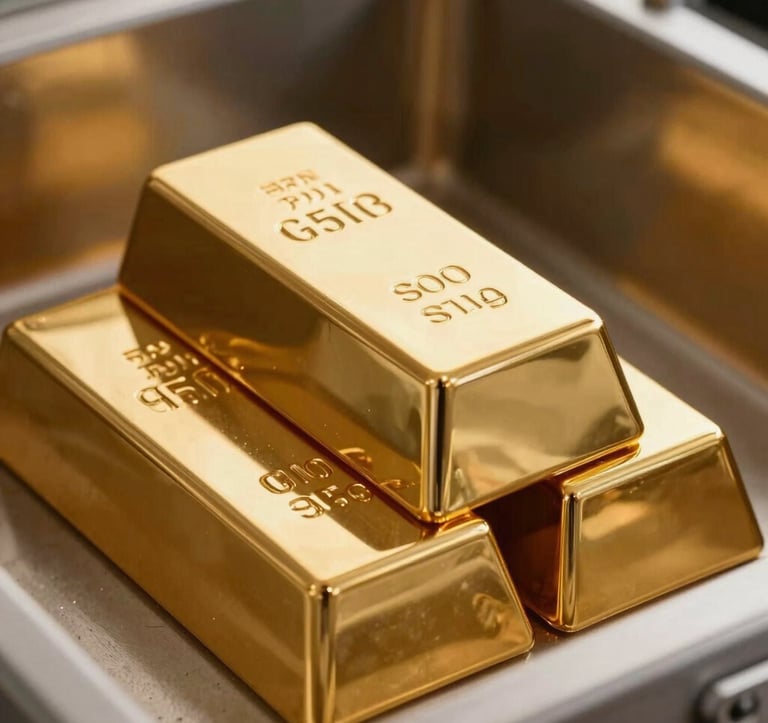High-end macro photography of pure gold bars stacked in a secure vault, reflecting soft light with a deep champagne gold hue. Sophisticated and stable composition.