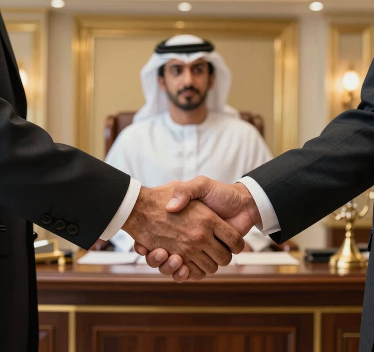 Photography of a professional handshake between two partners in a luxury office setting in the Gulf. Focused on the quality of fabric and the background of a gold-themed interior. Middle Eastern / Gulf.