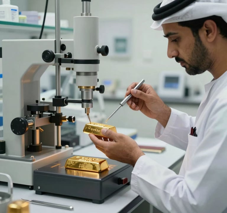 A clean, high-technology laboratory setting for gold refining in Bahrain. Professional staff in specialized attire handling a pure gold ingot with precision tools. Bright lighting with a focus on metallic textures. Middle Eastern / Gulf context.