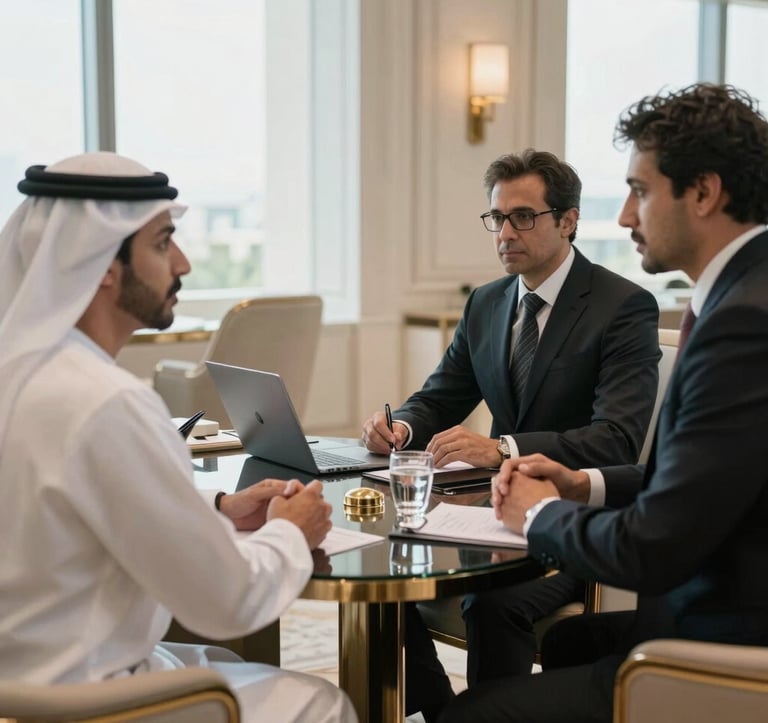 A sophisticated professional setting in the Gulf region, showing a high-level business meeting between partners. The atmosphere is one of mutual trust and understated luxury, with soft natural light and a focus on polished professional attire and elegant surroundings.