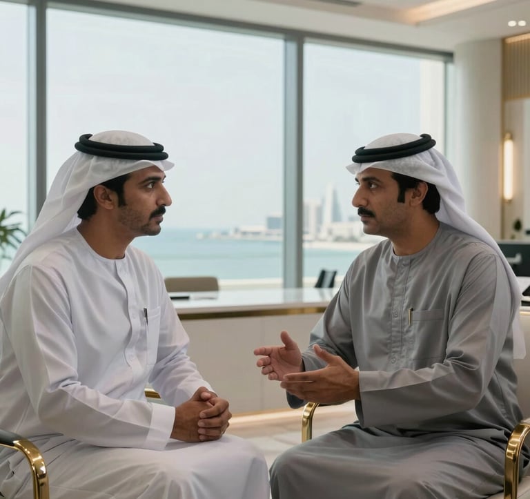 Two professionals in traditional Gulf business attire engaged in a serious discussion in a luxury, minimalist office overlooking a Bahraini coastal view. The lighting is soft and natural, emphasizing a mood of trust and corporate stability. The color palette features light grey and gold accents.