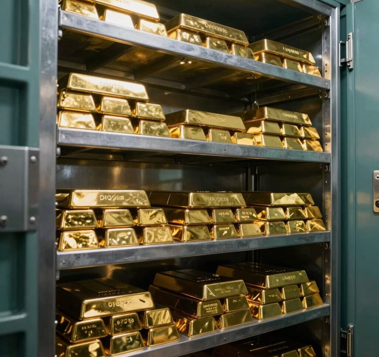 A high-security vault interior with stacks of gold bars on steel shelves. The lighting is precise and clean, reflecting a high-trust, professional environment. The composition focuses on depth and the sheer scale of the precious metal supply. Deep teal shadows and bright golden highlights.