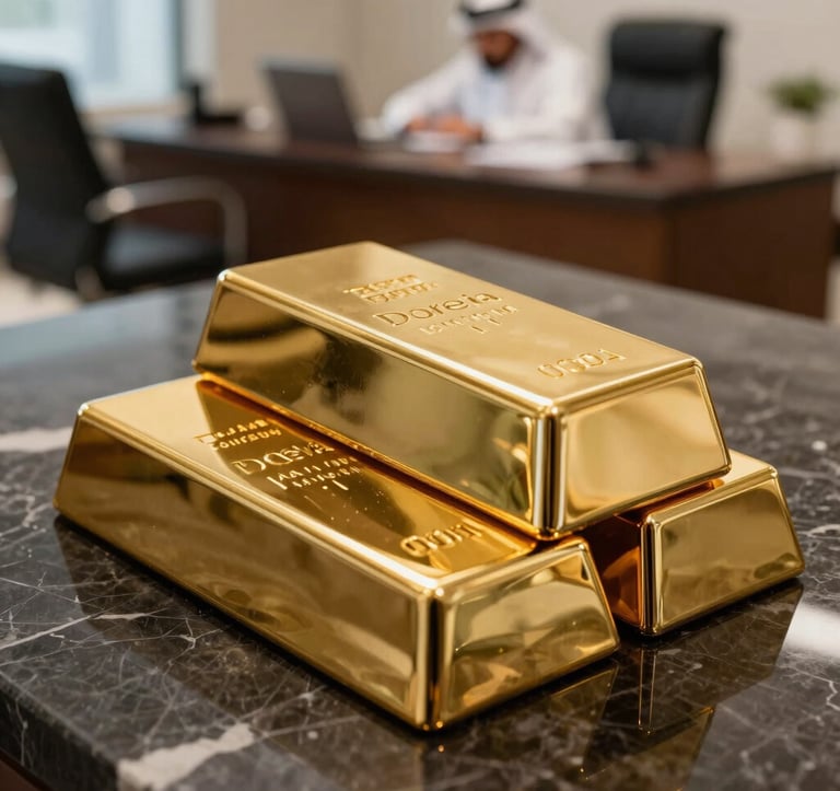A close-up, sharp-focus photograph of polished 24-karat gold bars stacked neatly on a dark marble surface. The lighting is dramatic and luxurious, highlighting the metallic texture and the Dorevia commitment to quality. The background is a soft-focus Middle Eastern / Gulf executive office.