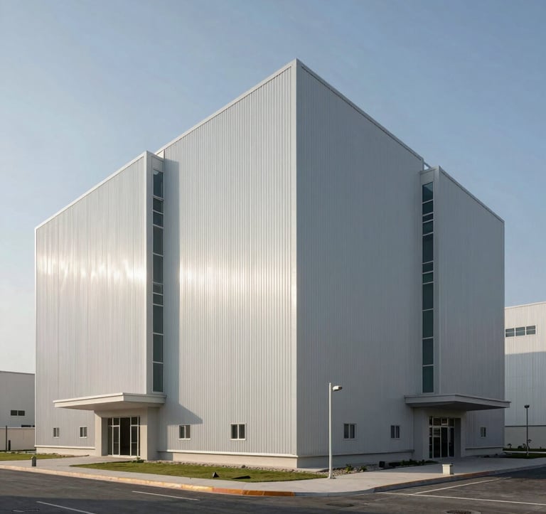 Architectural photography of a modern, secure industrial facility in Hidd, Bahrain. Clean lines, sunlight, and a sense of strategic growth and permanence. Middle Eastern / Gulf context.