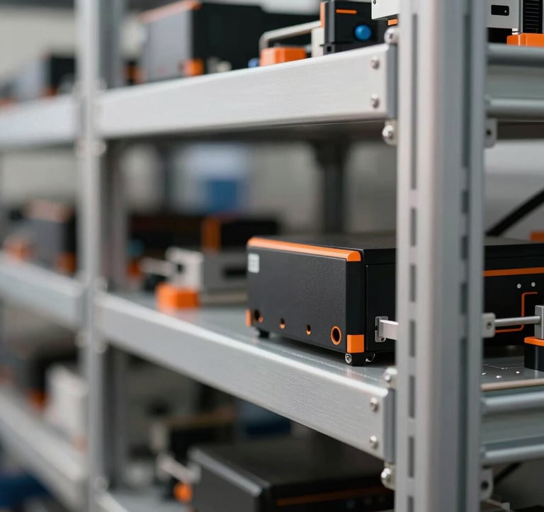 Close-up of a high-tech automated storage system with metallic textures and industrial orange highlights. Sharp focus, minimalist composition, reflecting a professional B2B engineering environment.