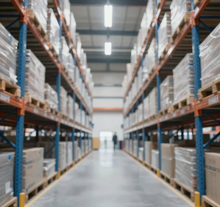 Perspective shot of high-density industrial shelving and racking systems in an ultra-modern logistics hub. Symmetrical composition, clean lighting, sophisticated atmosphere. #F0F0F0 and #0077B6 tones.
