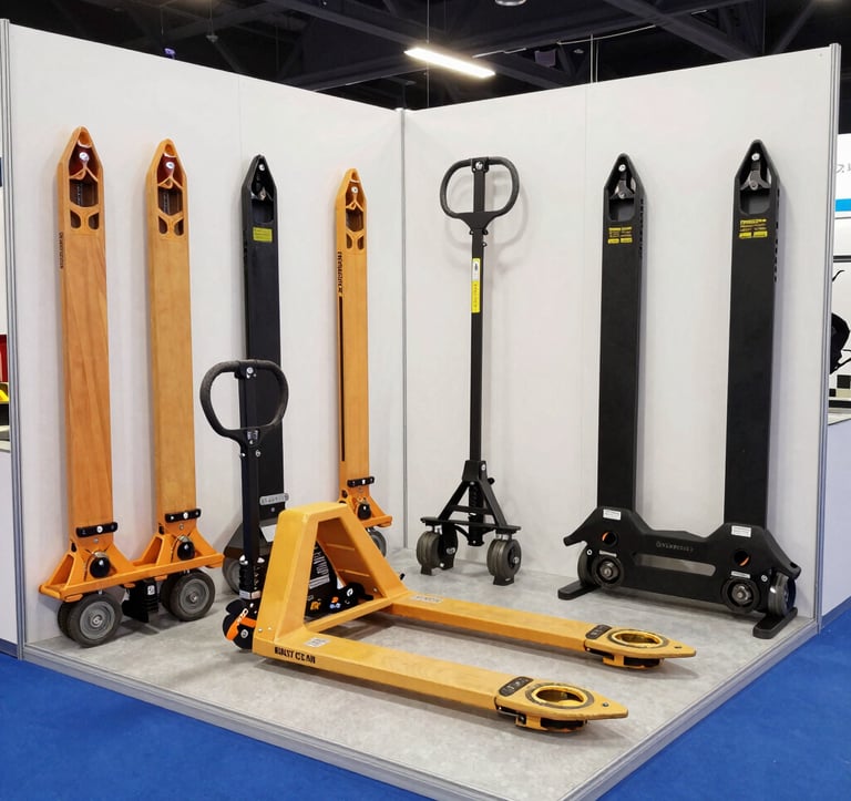 Wide-angle view of an international exhibition hall during a B2B trade show. Professional lighting, premium booths, industrial displays of lifting equipment. Futuristic vibe with #1A1A1A and #FF8E3C highlights.